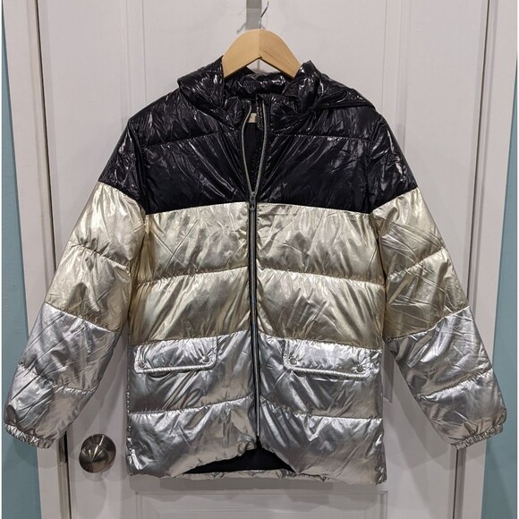 Mango Mng Kids Black Gold Silver Puffer Jacket Coat Girls Size 13 14 - Picture 2 of 7